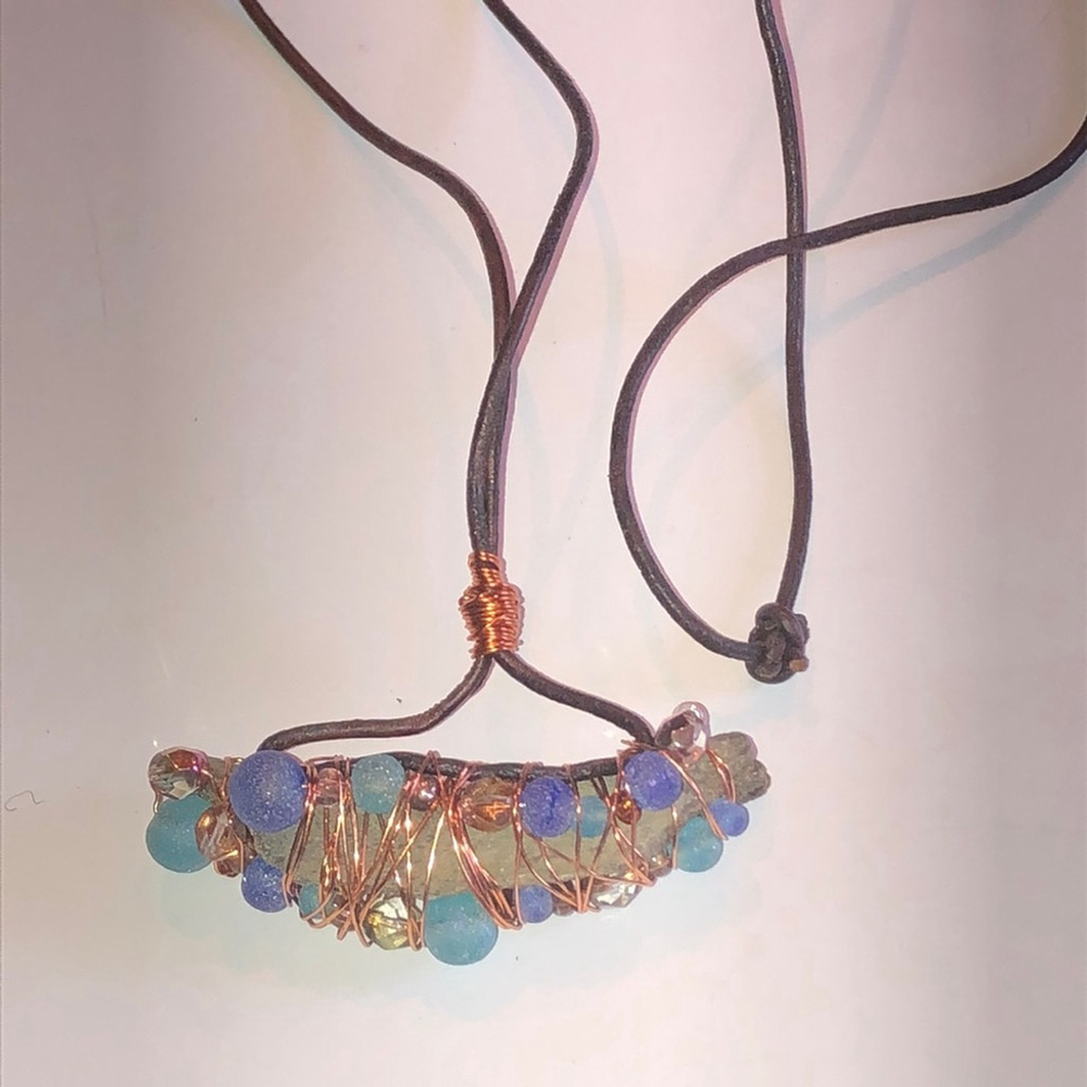 Vintage Beaded Copper Wire Wrapped Unique Boho Pendant Necklace